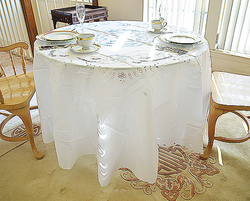 Extra Fancy Embroidery & Cutworks 90" Round Tablecloth. White